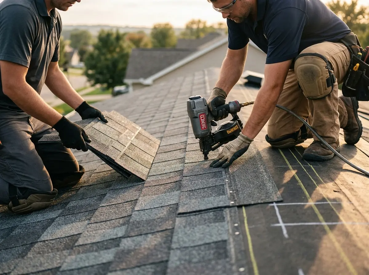 Professional roofer working on a residential roof in Leavenworth